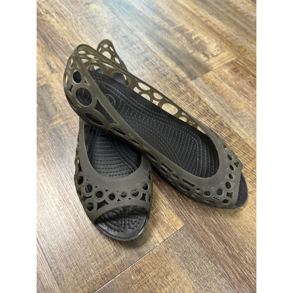 Crocs Adrina Peep Toe Flats Womens Size 9 Black Smoke Cutout Jelly Shoes - Picture 2 of 15